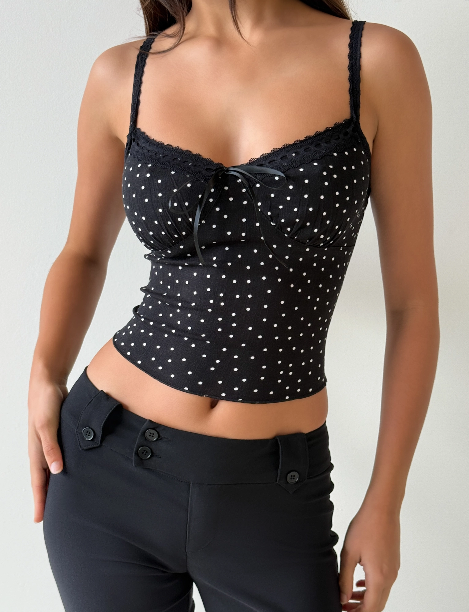 BAILEE CAMI TOP - BLACK POLKA Hidden Zipper Durable Double Stitching