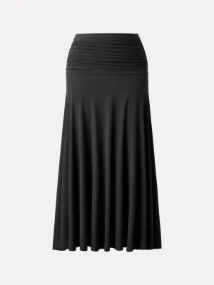 Travel-Ready Low Bulk Material Ultrasoft Mid Rise A-line Ruched Maxi Skirt