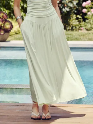 ErgonomicStitching Practical Look Ultrasoft V-shape Waist Gathred Maxi Circle Skirt with Pockets