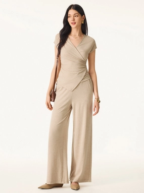 2Pcs Set Lyocell Wool Surplice Cap Sleeve Top & Mid Rise Wide Leg Pants with Pockets Casual Edge Non Tapered Leg