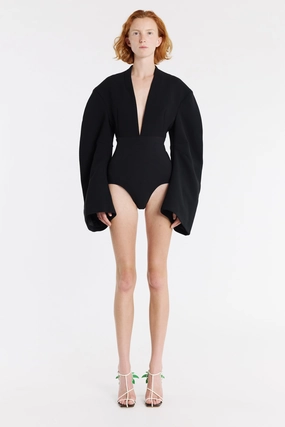 Rounded Sleeve Deep V-Neck Bodysuit Black Temperature Control Fabric