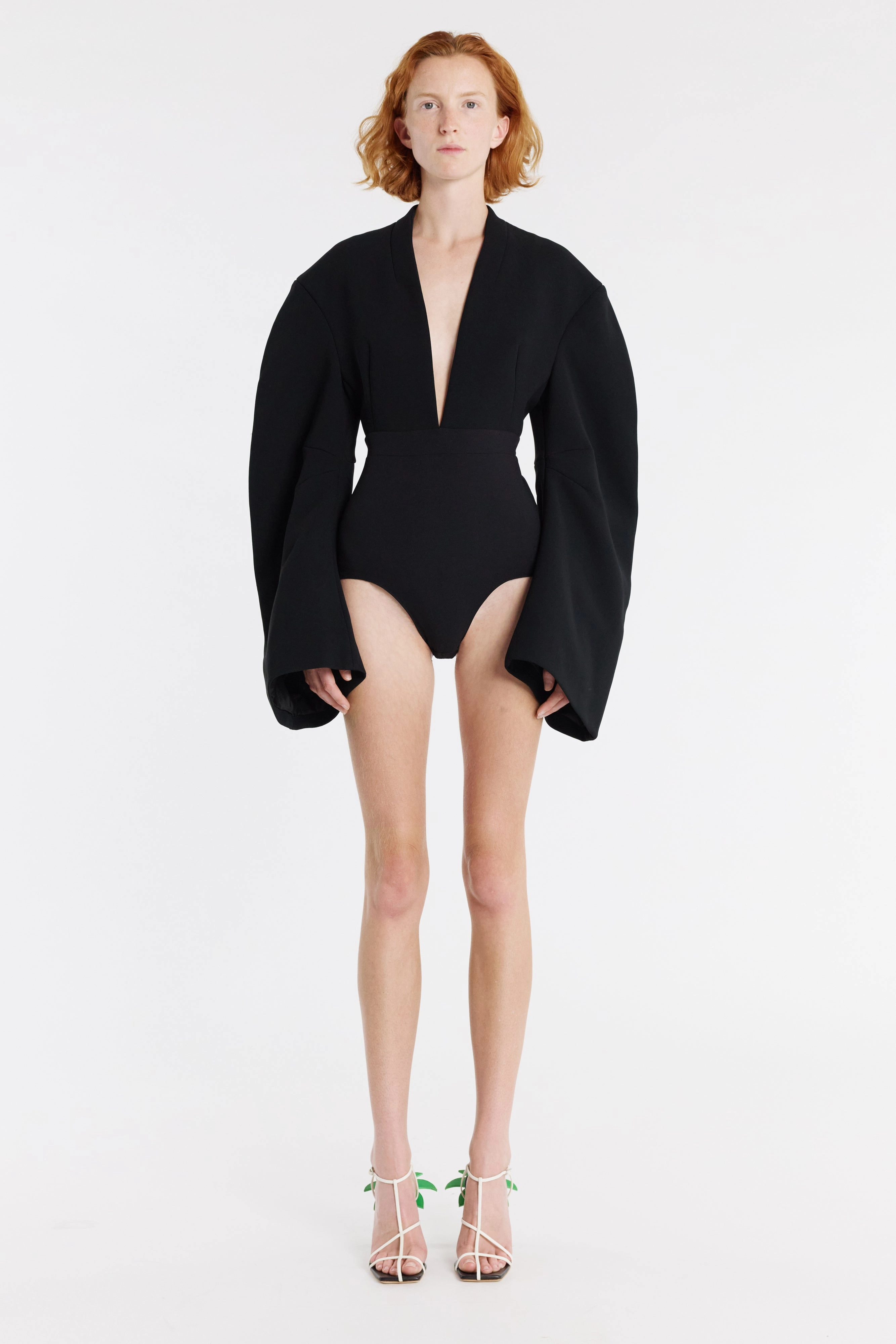 Rounded Sleeve Deep V-Neck Bodysuit Black Temperature Control Fabric
