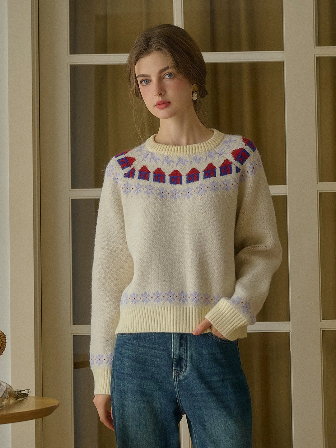 Ribbed Detailing AntiPilling Treatment Xyla Fair Isle Round Neck Knit Sweater