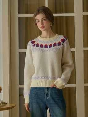 Ribbed Detailing AntiPilling Treatment Xyla Fair Isle Round Neck Knit Sweater