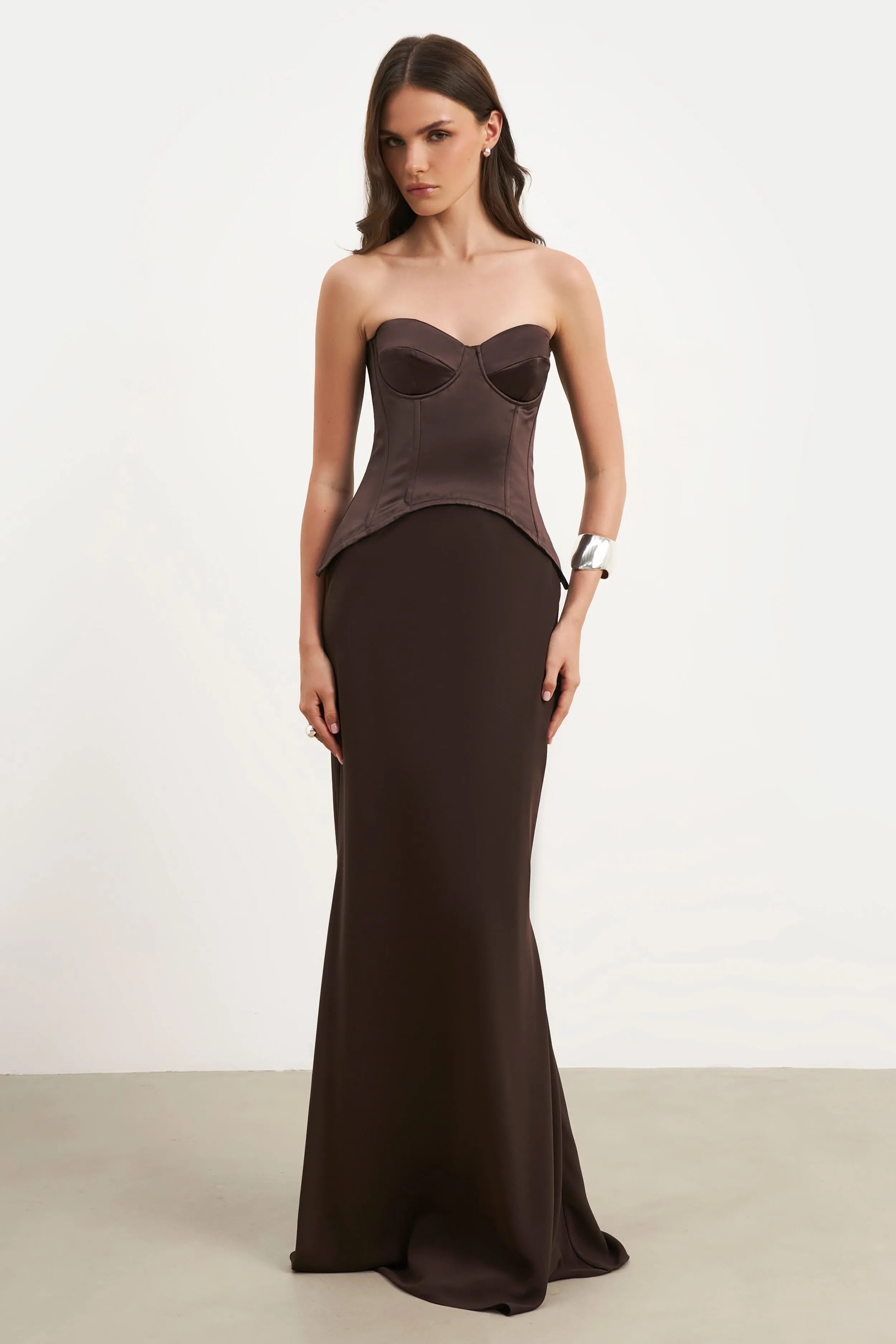 Tailored Waistband Satin Corset Gown with Sweetheart Neckline - Carob