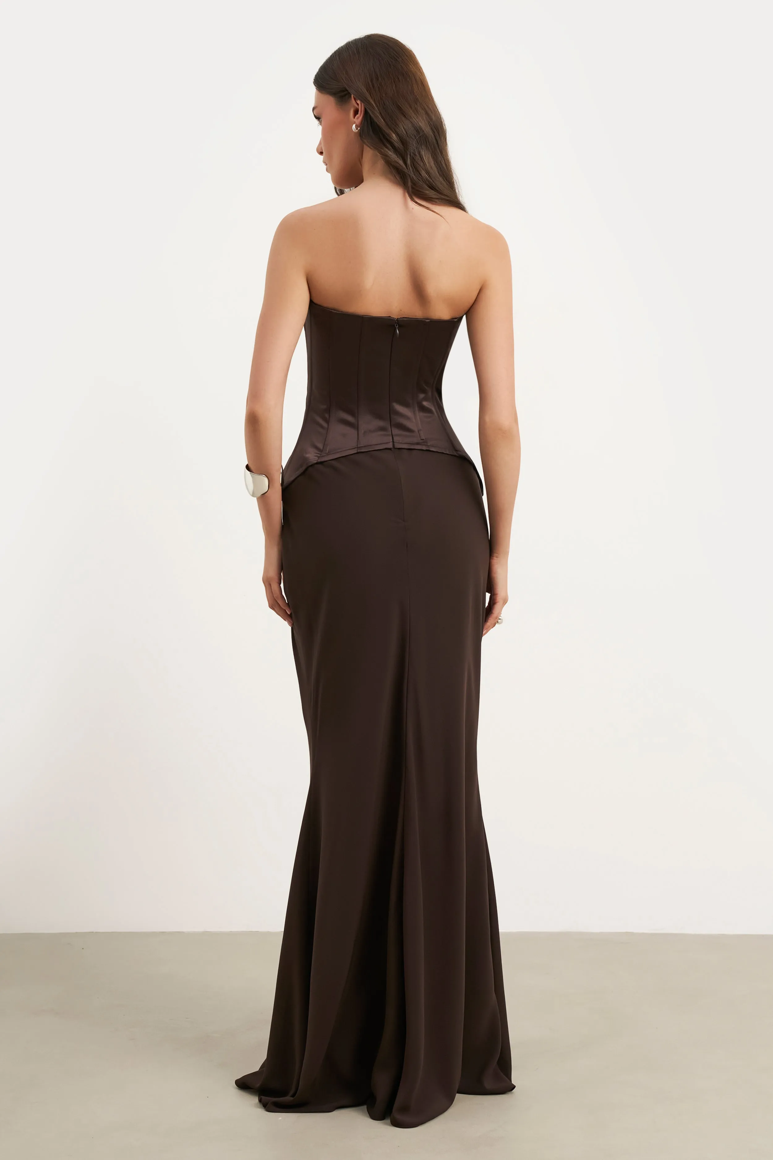 Tulle Flow Drape Wave Satin Corset Gown with Sweetheart Neckline - Carob