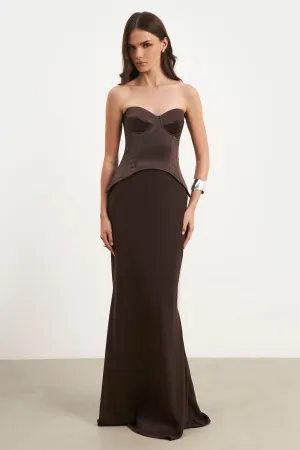Tailored Waistband Satin Corset Gown with Sweetheart Neckline - Carob