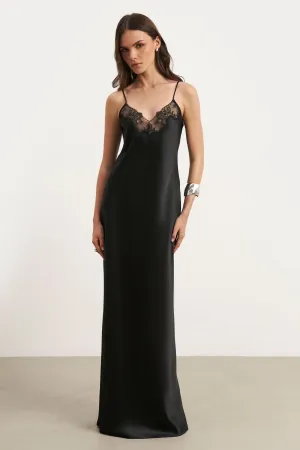 Gender Fluid Satin Lace Detail Camisole Maxi Dress - Black