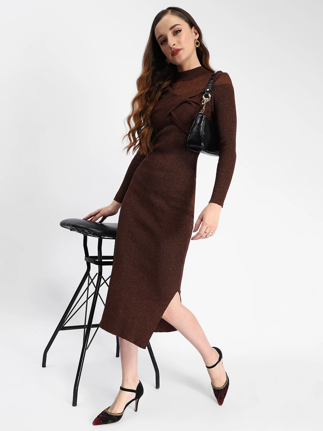 Madame Twisted Detailing Ribbed Bodycon Brown Dress Quiet Sweet