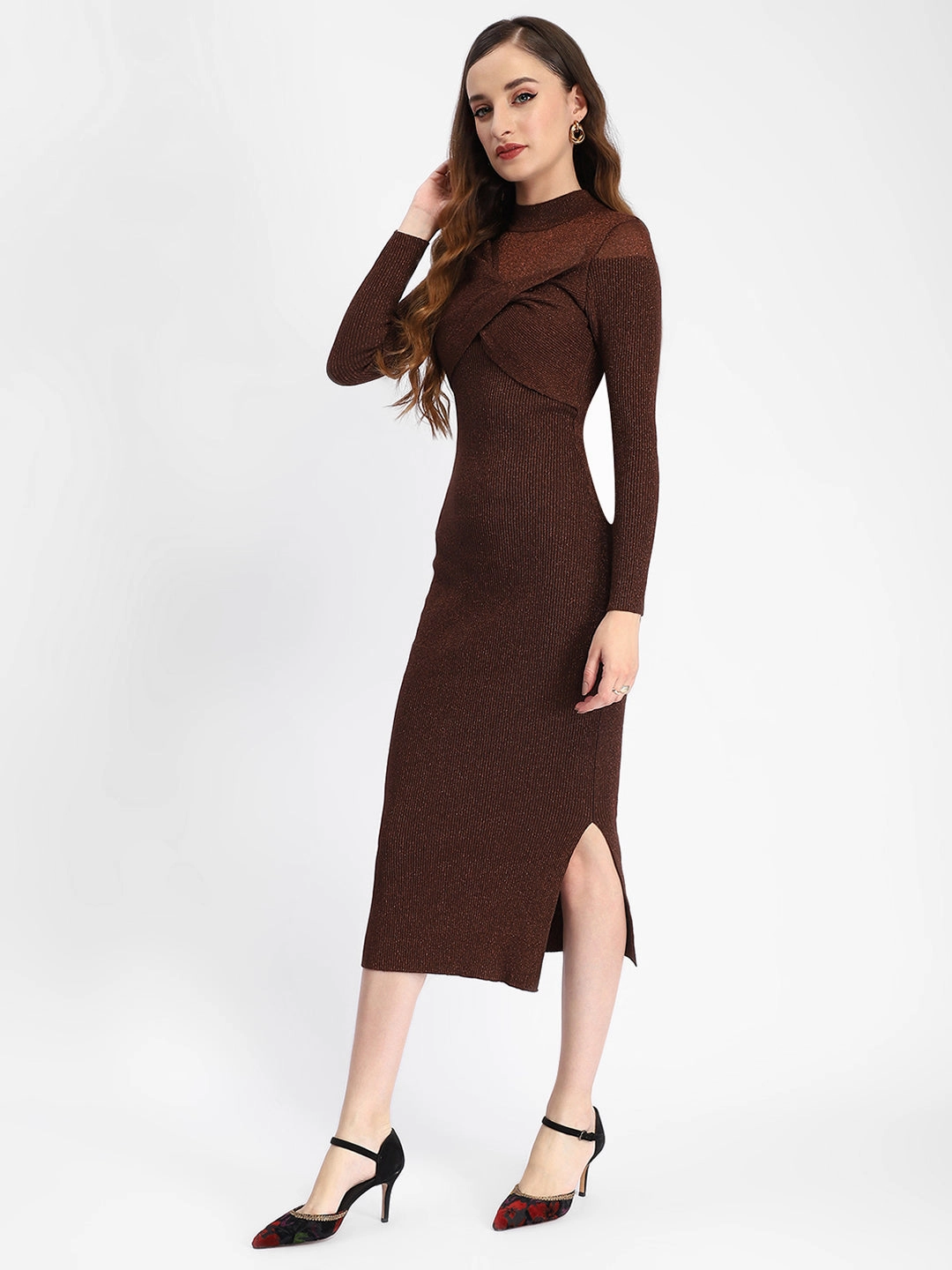 Madame Twisted Detailing Ribbed Bodycon Brown Dress Free Shape
