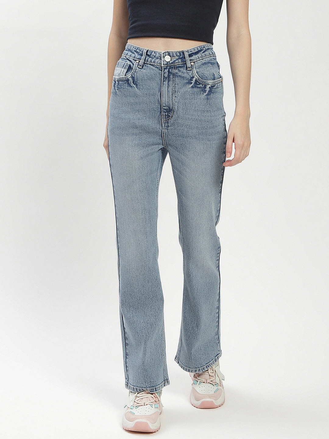 Street Fashion Casual Winter Warmth Madame Light Wash Flared Denim Jeans