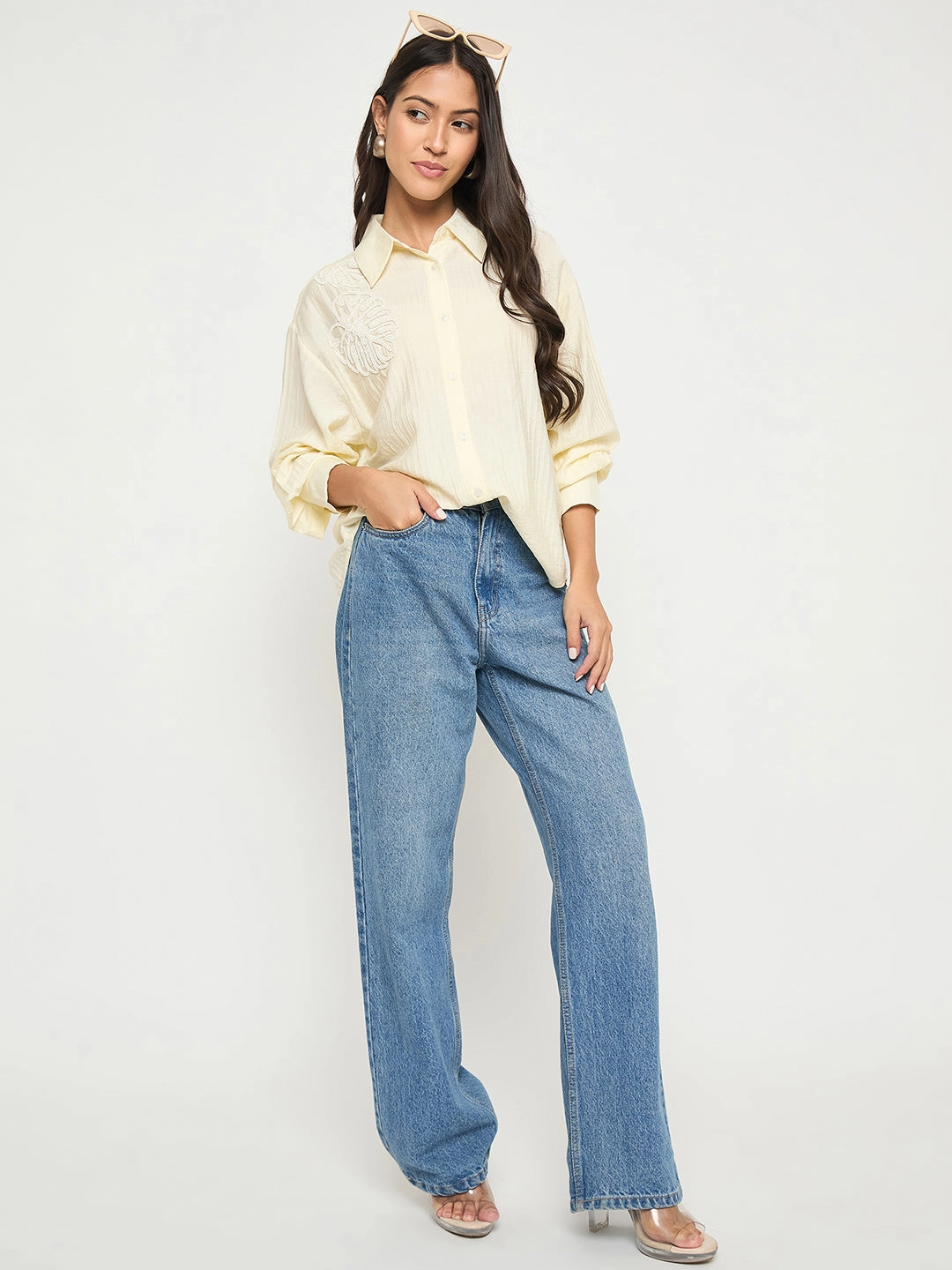 Madame Botanical Embroidery Off White Rayon Blend Shirt Comfortable fit