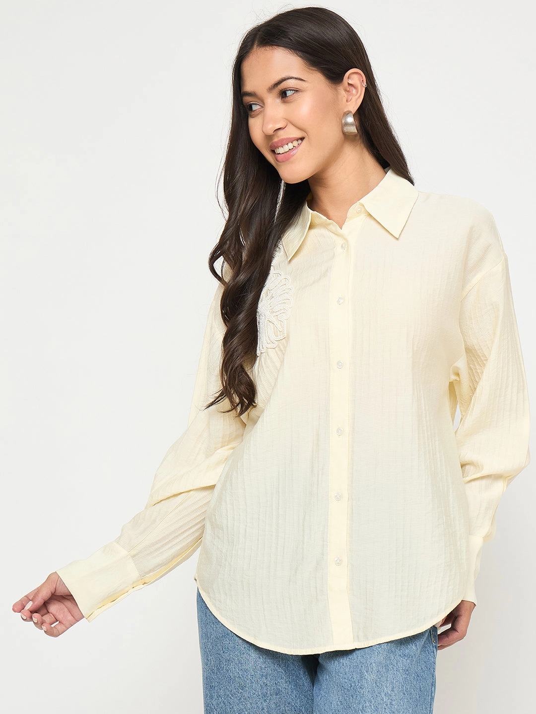 Madame Botanical Embroidery Off White Rayon Blend Shirt Abrasion Resistant Edges