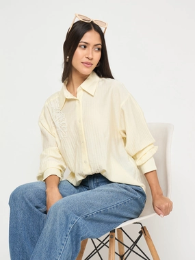 Minimal Look Madame Botanical Embroidery Off White Rayon Blend Shirt