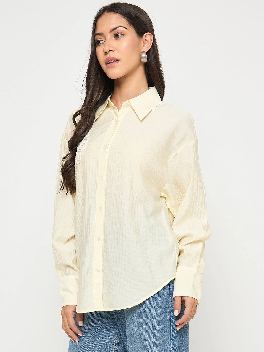 Soft Feel Corporate Wear Madame Botanical Embroidery Off White Rayon Blend Shirt