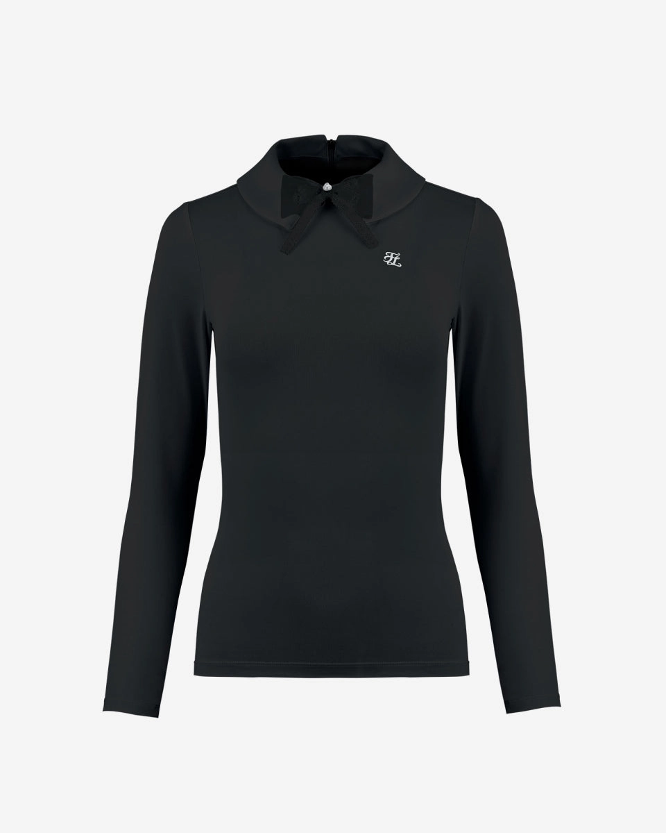 Wrinkle Free Texture simple design Double Collar Long Sleeve T-shirt - Black