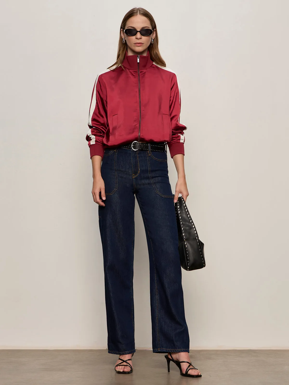 Satin Track Jacket Crimson Urban Style Wool