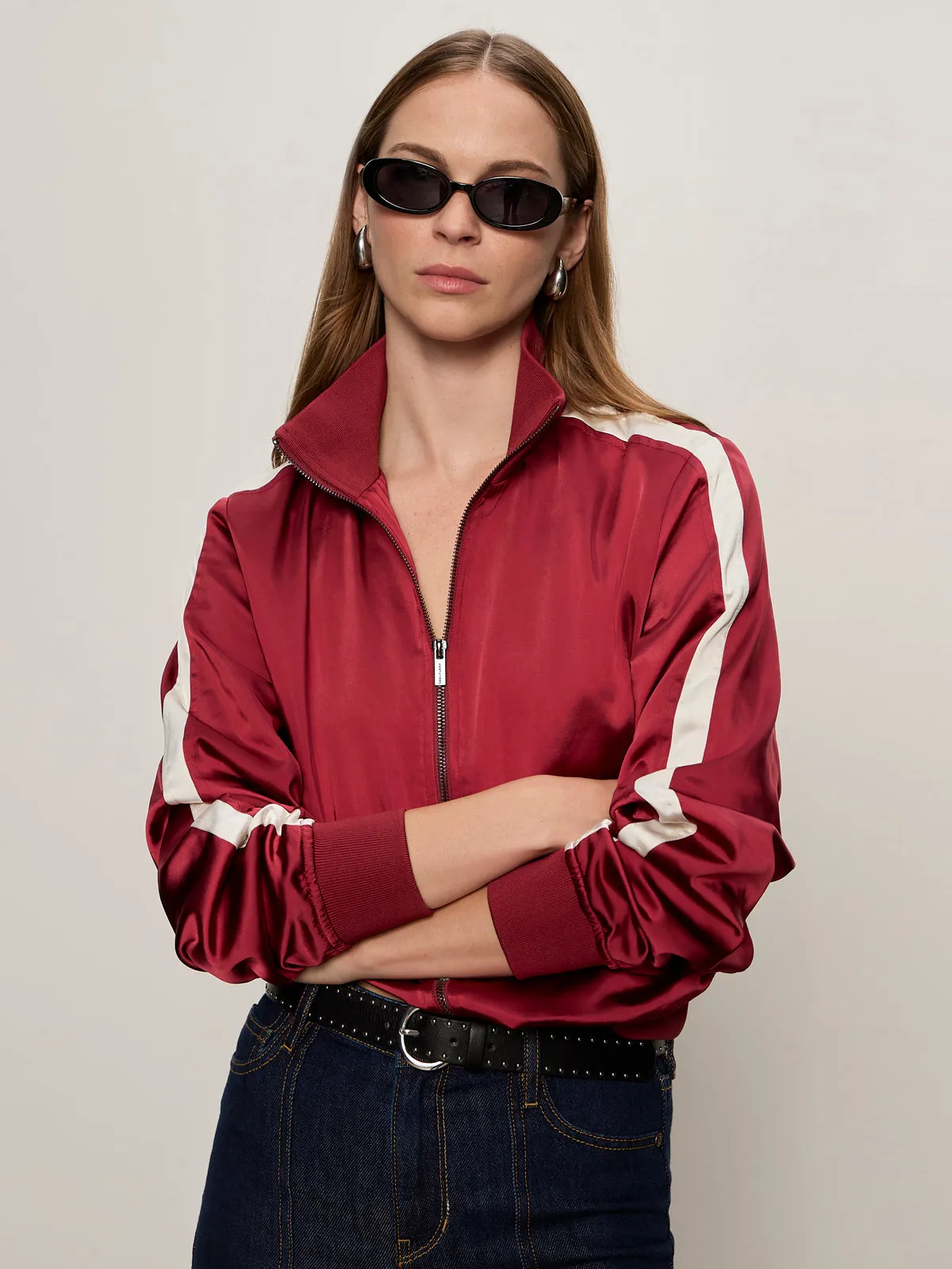 Beret Neutral Style Satin Track Jacket Crimson
