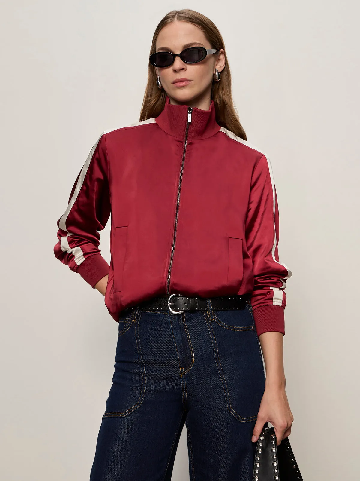 LowProfileLogo Taped Neckline Seams Satin Track Jacket Crimson