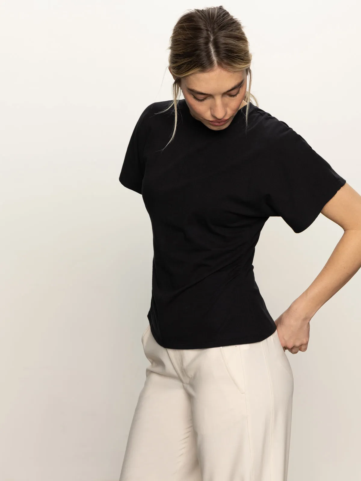 Hypoallergenic Textile Shirred Waist Dolman Tee Black