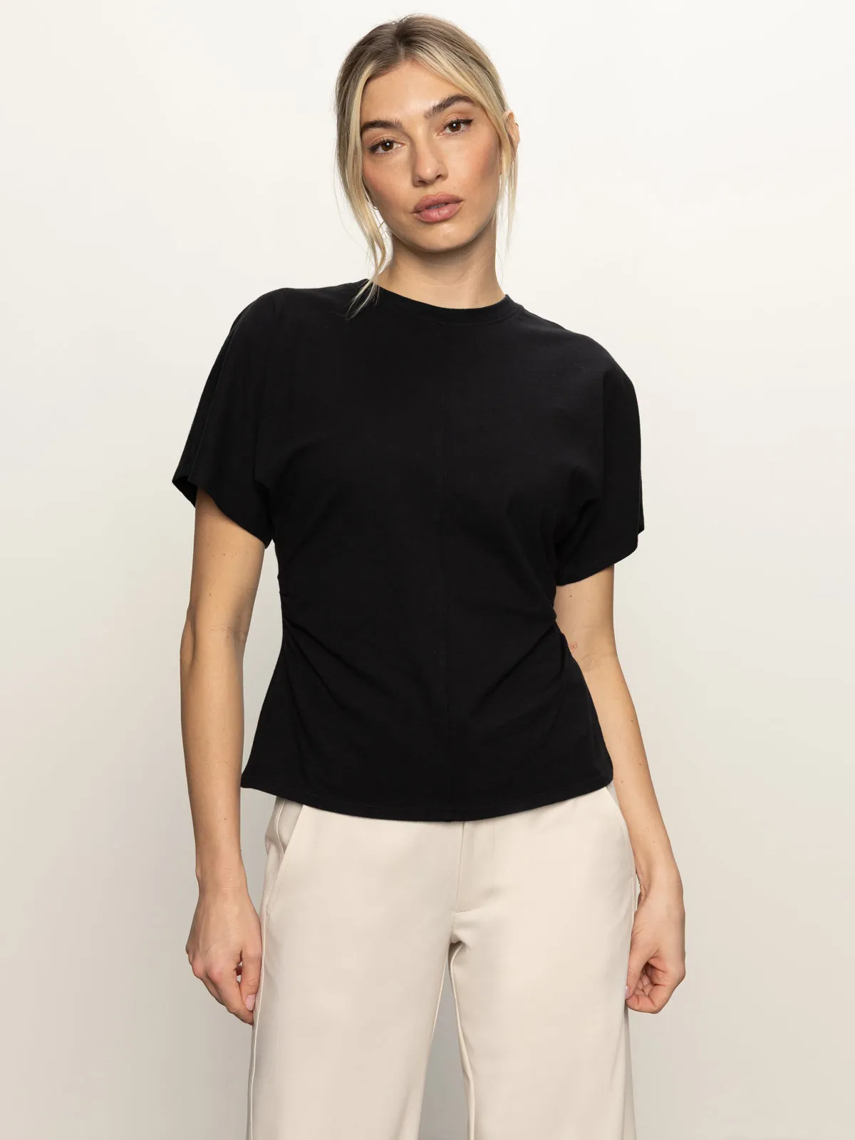 Non Irritating Seams Casual Comfort Fit Shirred Waist Dolman Tee Black