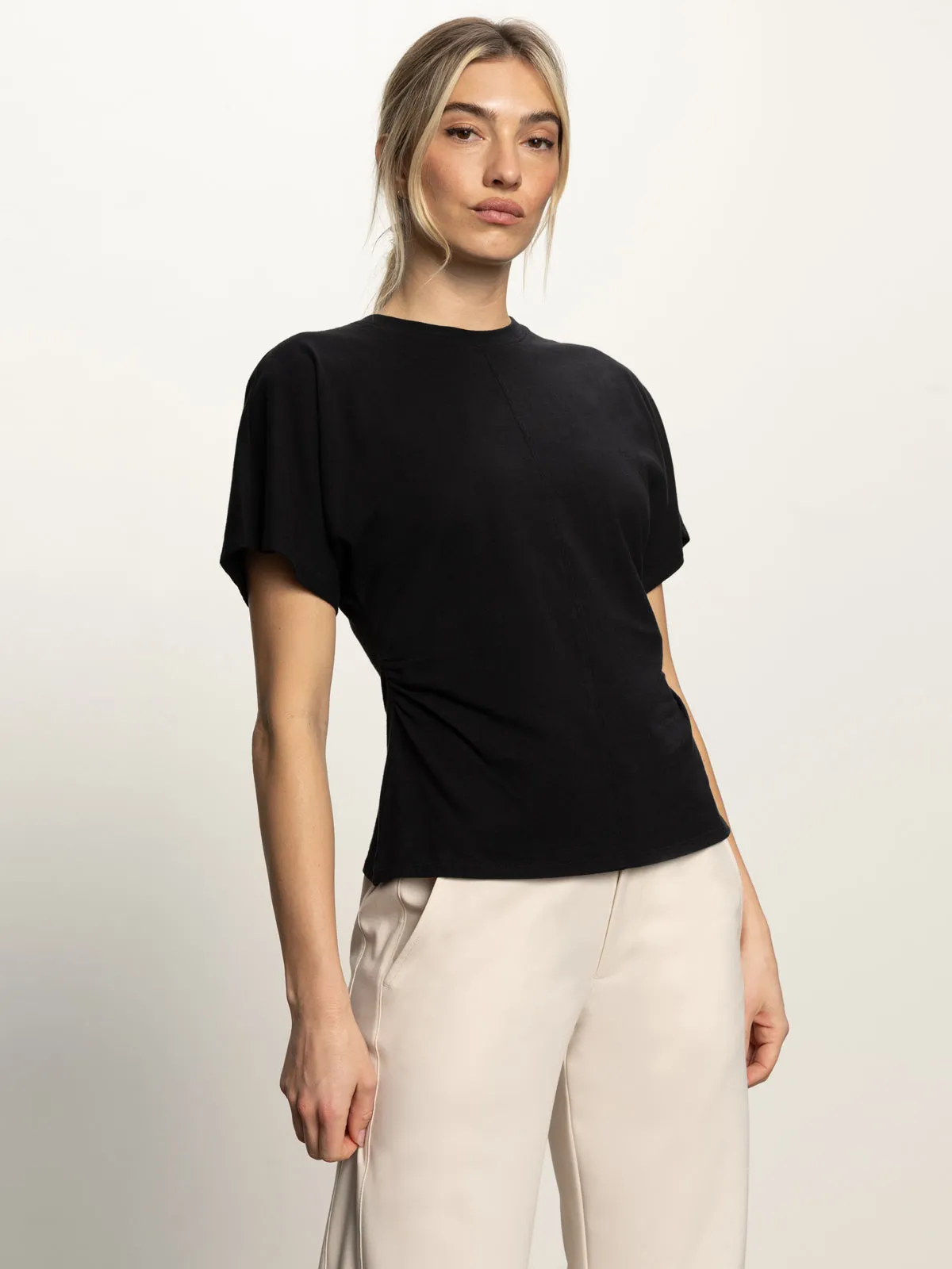 Quick Wear Shirred Waist Dolman Tee Black