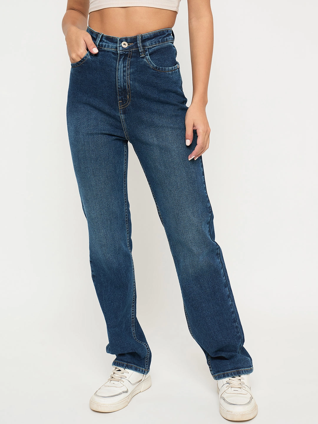 Madame Stone Wash Dark Blue Cotton Blend Jeans General Fit Reinforced Belt Loops