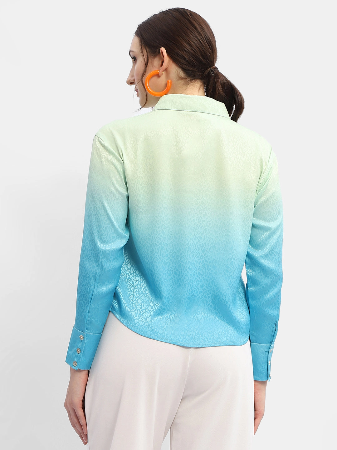 Madame Green And Blue Ombre Shirt Neutral Shade Soft Stretch Collar