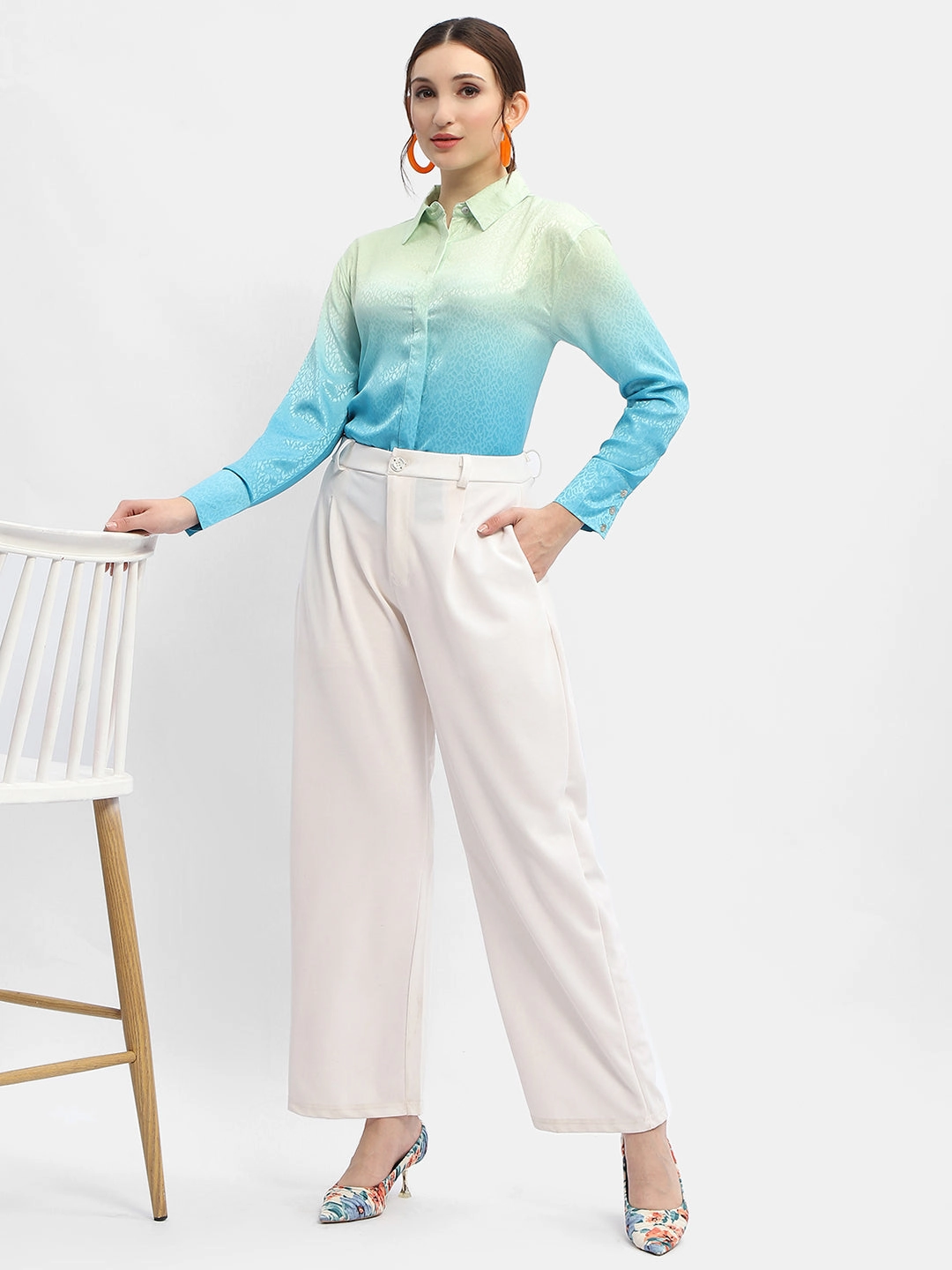 Madame Green And Blue Ombre Shirt Casual Wear Streamlined Design