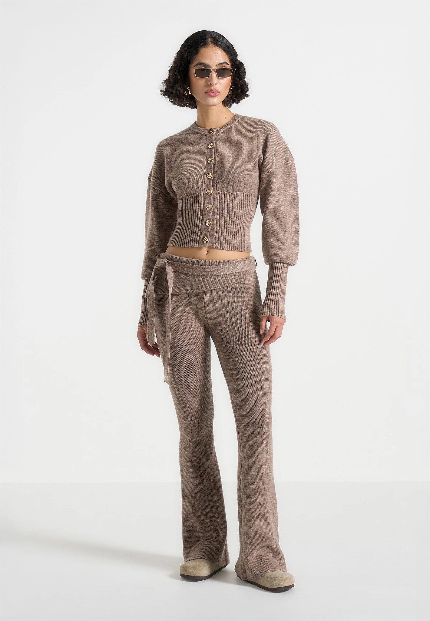 MoistureWicking Textured Weave Knitted Fit & Flare Leggings with Belt - Taupe