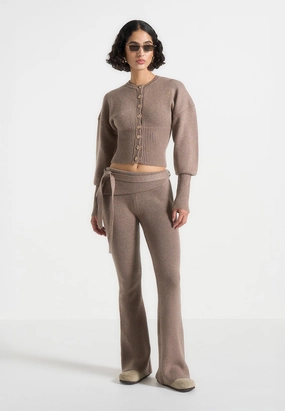 MoistureWicking Textured Weave Knitted Fit & Flare Leggings with Belt - Taupe