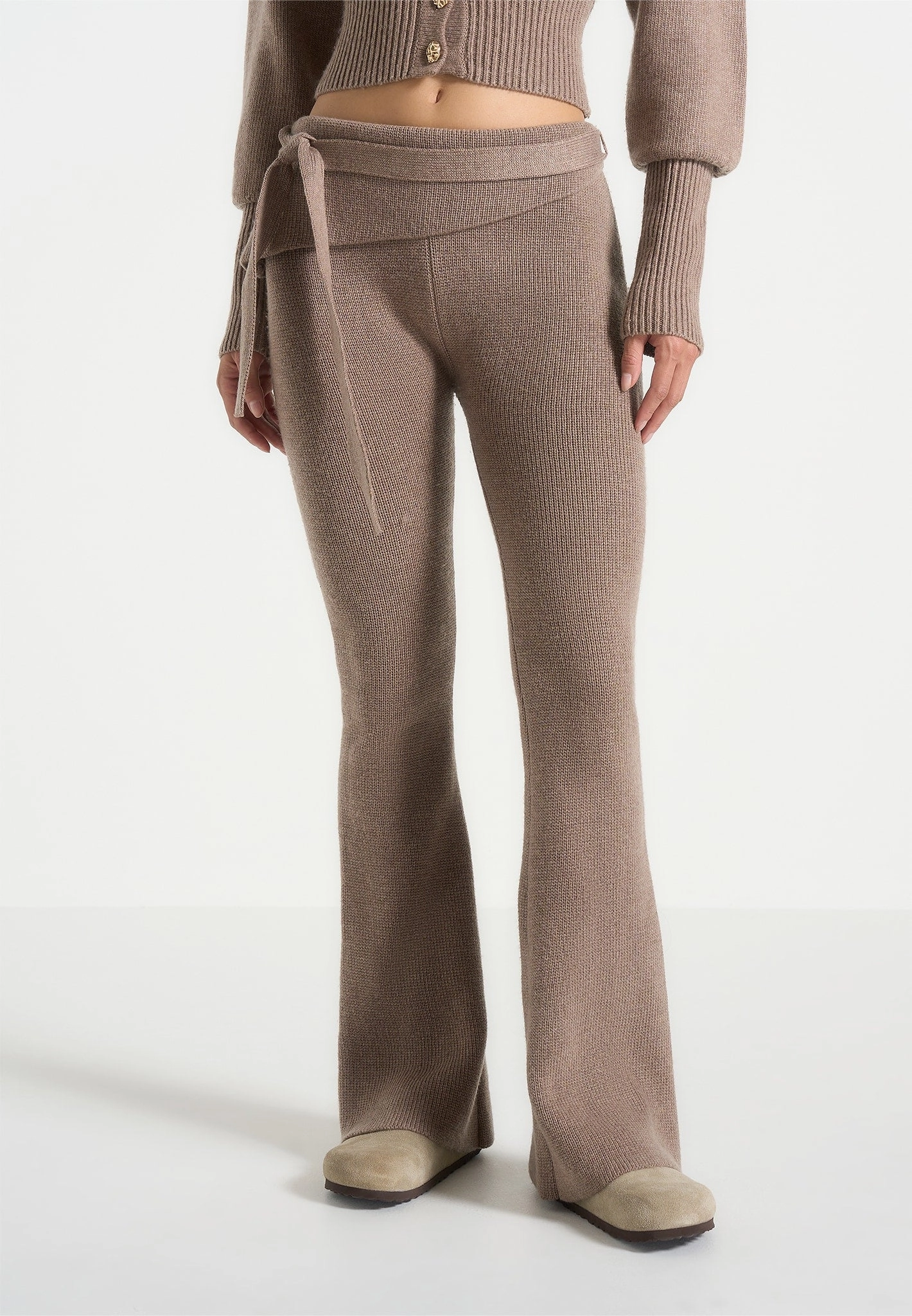 Wide Hem Detail Knitted Fit & Flare Leggings with Belt - Taupe