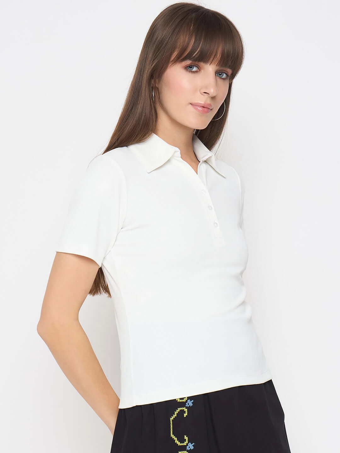 Madame Pique Solid White Polo T-shirt Everyday Layering