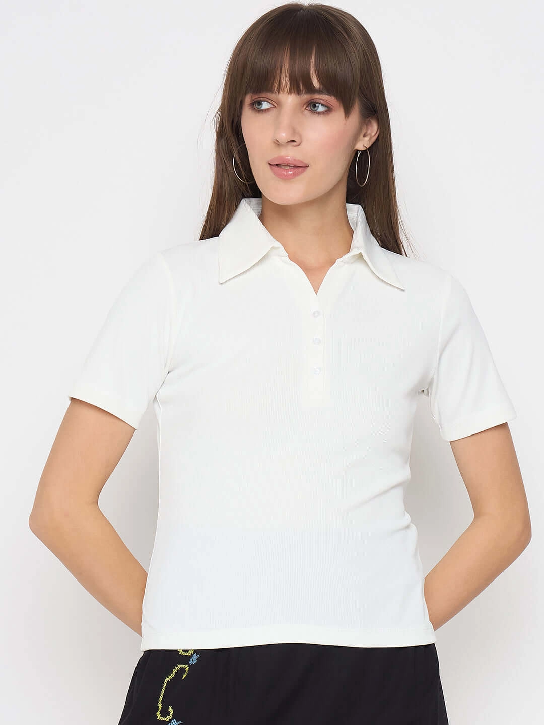 Madame Pique Solid White Polo T-shirt Sporty Top
