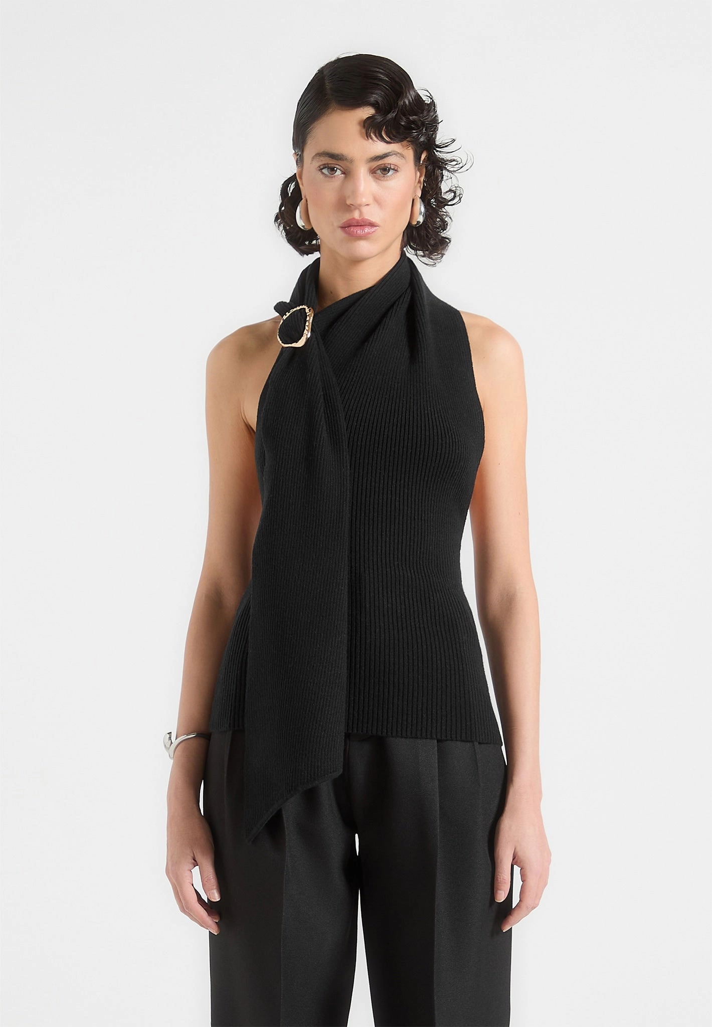 Everyday Classic Relaxed Style Elodie - Knitted Draped Halterneck Top - Black