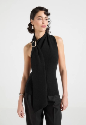 MultiDirectional Stretch Crewneck Style Elodie - Knitted Draped Halterneck Top - Black