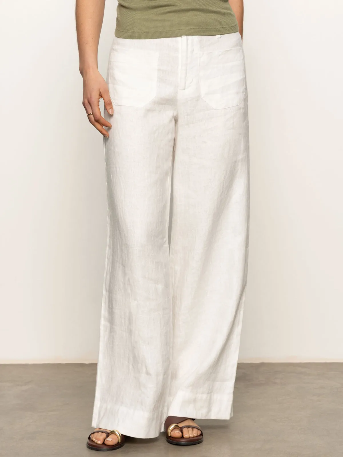 The Linen Marine Wide Leg Semi-High Rise Pant White Casual Comfort Look