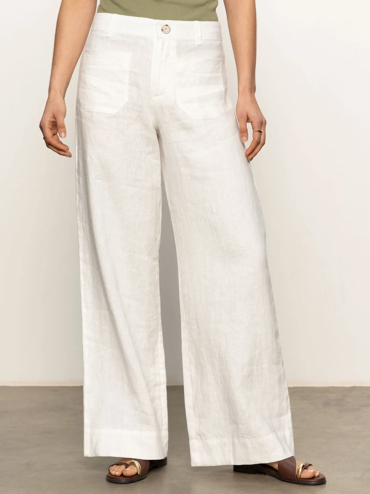 MachineWashableFabric Casual Essentials The Linen Marine Wide Leg Semi-High Rise Pant White
