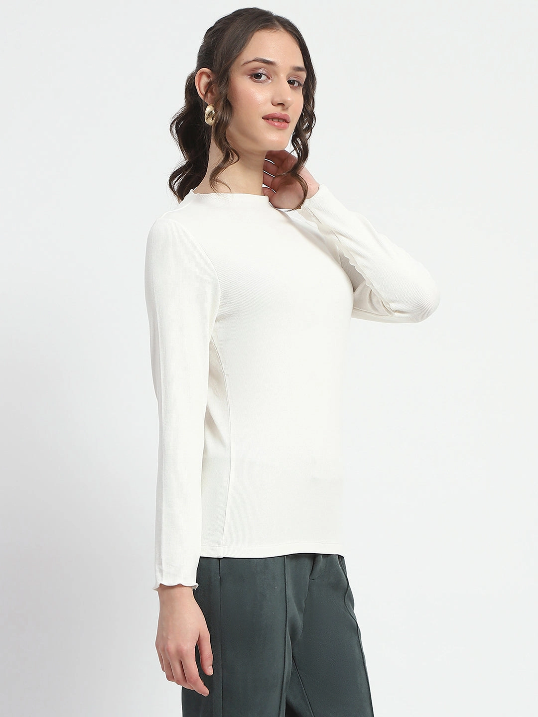 Madame High Neck Full Sleeve Solid White Top All Over Print Technique