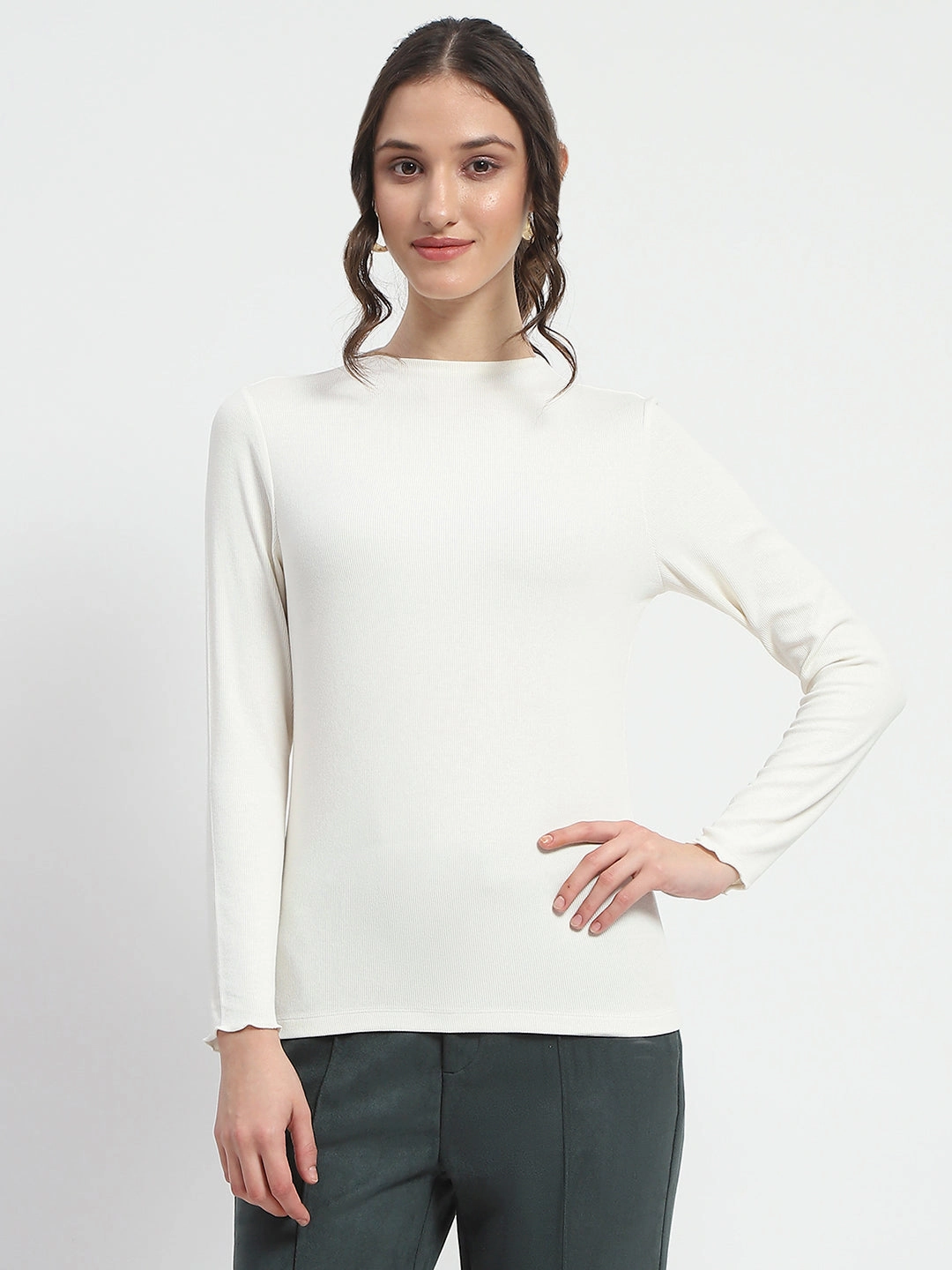 Madame High Neck Full Sleeve Solid White Top Tactile Soft Texture TemperatureRegulating Material