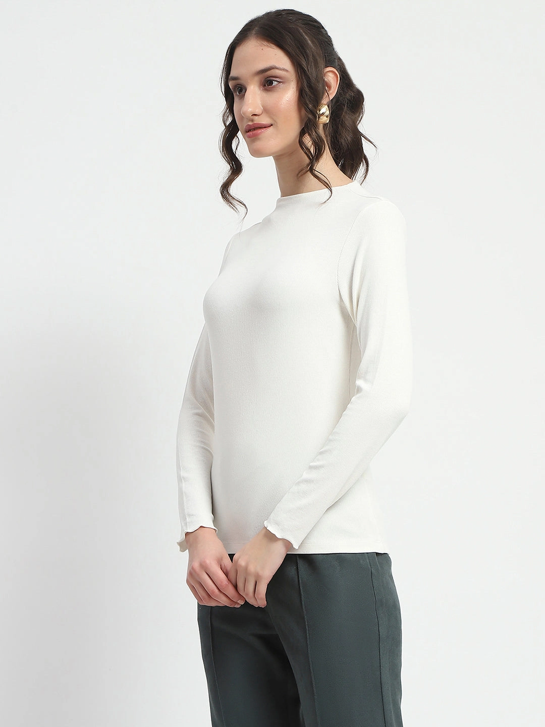 Relaxed Blouse Madame High Neck Full Sleeve Solid White Top