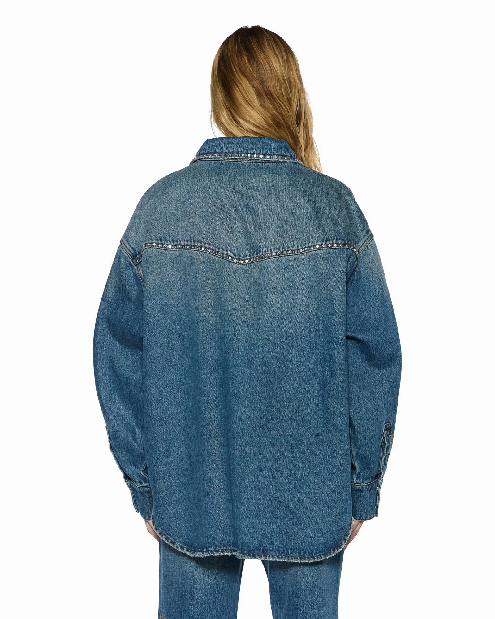 RibbedCollar Minimalist Aesthetic OVERSIZED LS SHIRT TEXAS BLUE STUDDED
