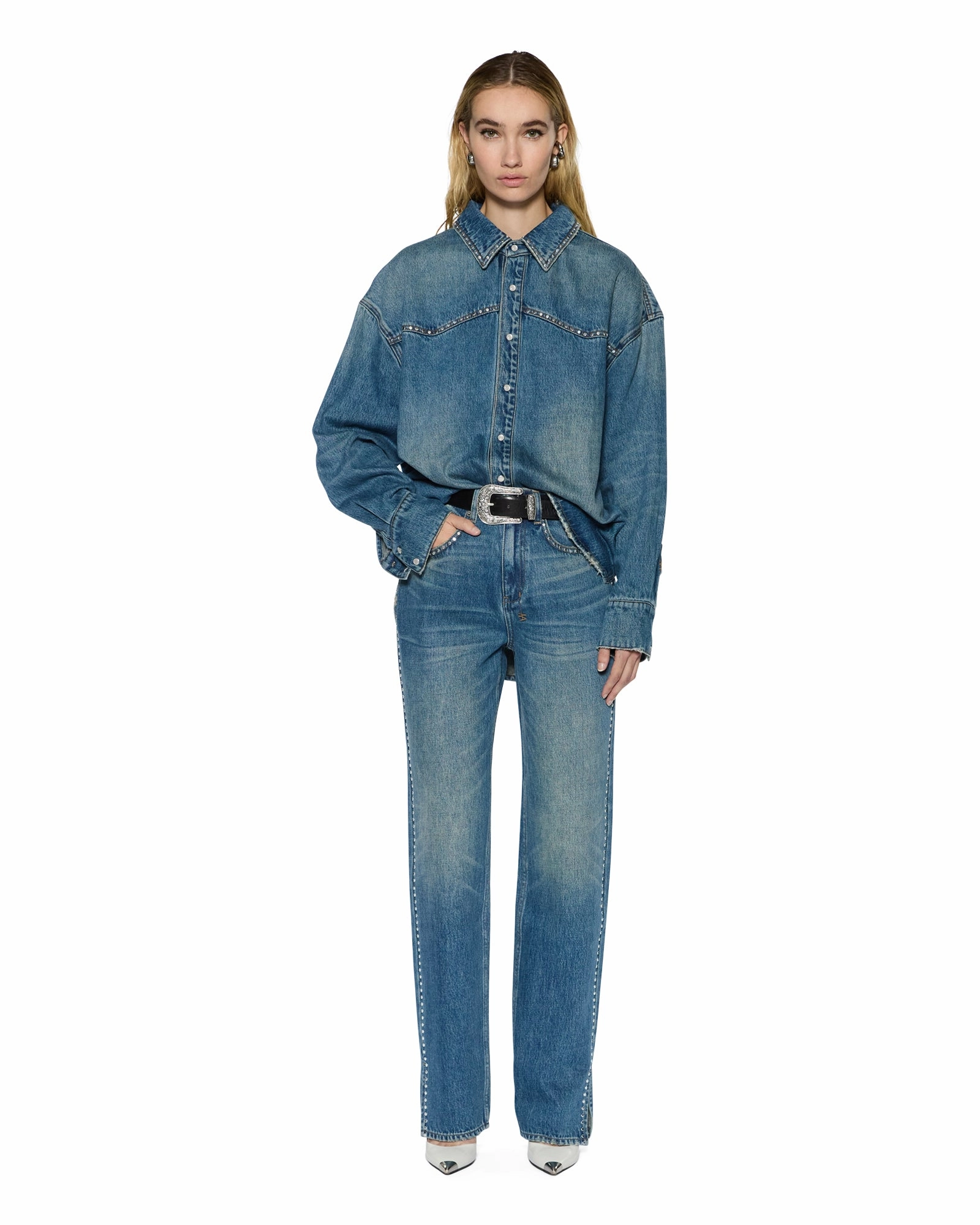OVERSIZED LS SHIRT TEXAS BLUE STUDDED AdjustableClosure