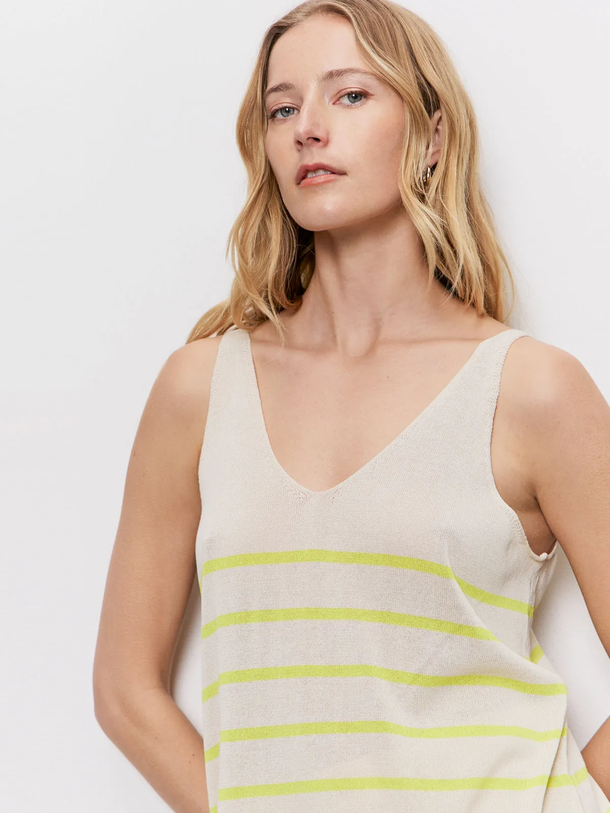 teenagers' Multi Panel Design V-Neck Knitwear Tank Muslin Desert Lime Stripe