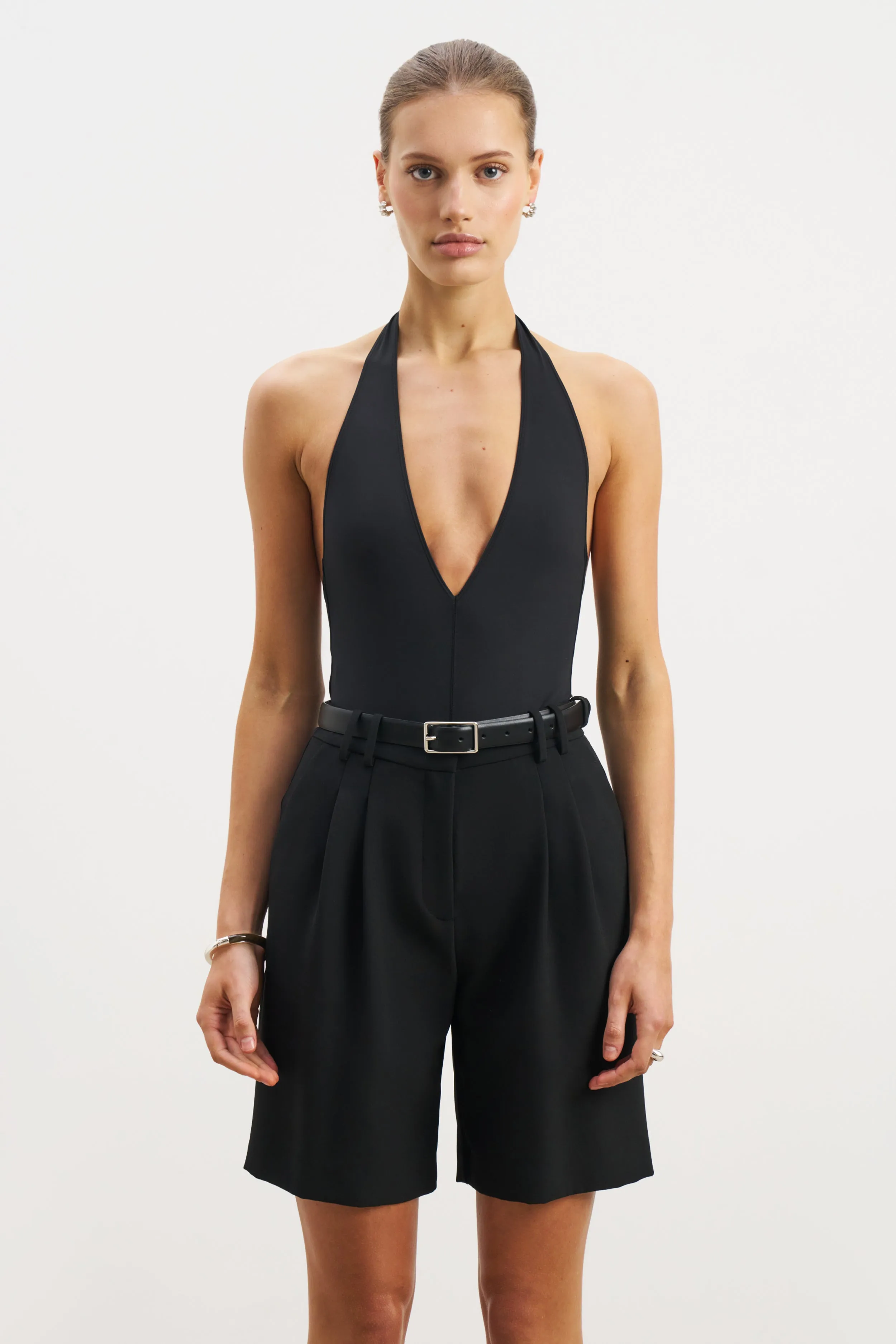 FoldableFeature Silicone Print Detail V Neck Plunge Bodysuit - Black