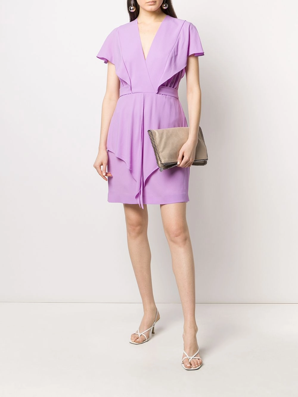 V NECK TIE WAIST DRESS Soft color Statement-Buttons