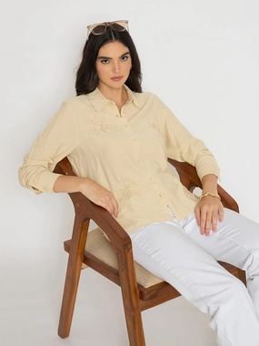 Soft Touch Fabric Graphic Art Madame Embellished Beige Rayon Blend Shirt