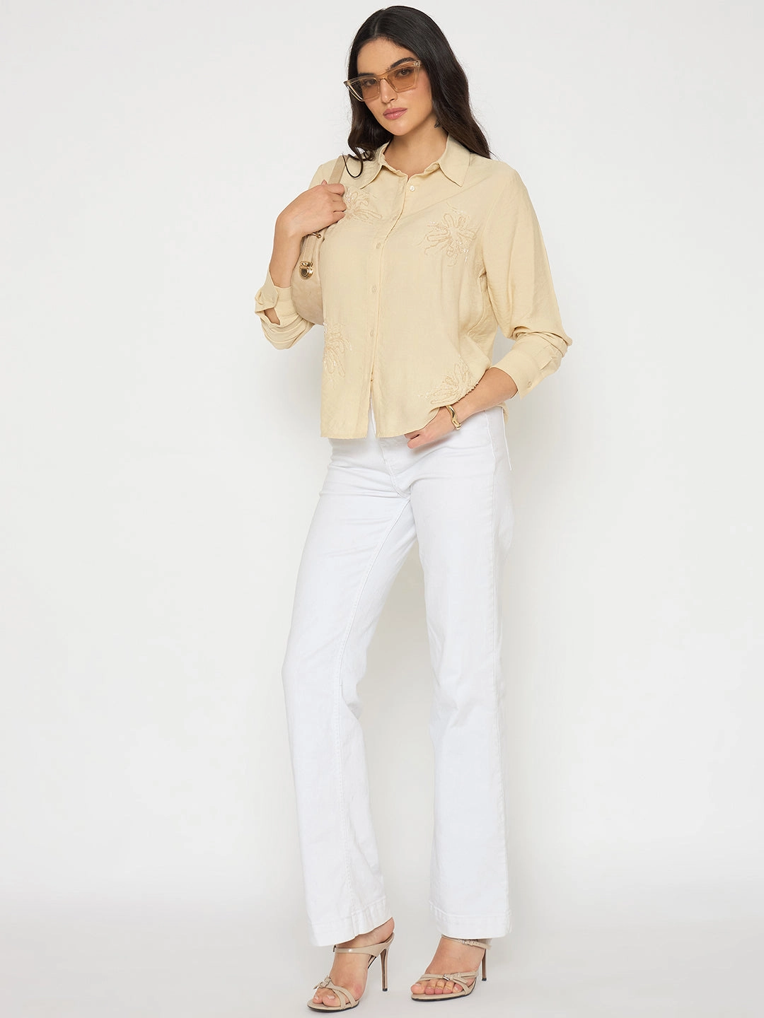Active Wear Madame Embellished Beige Rayon Blend Shirt