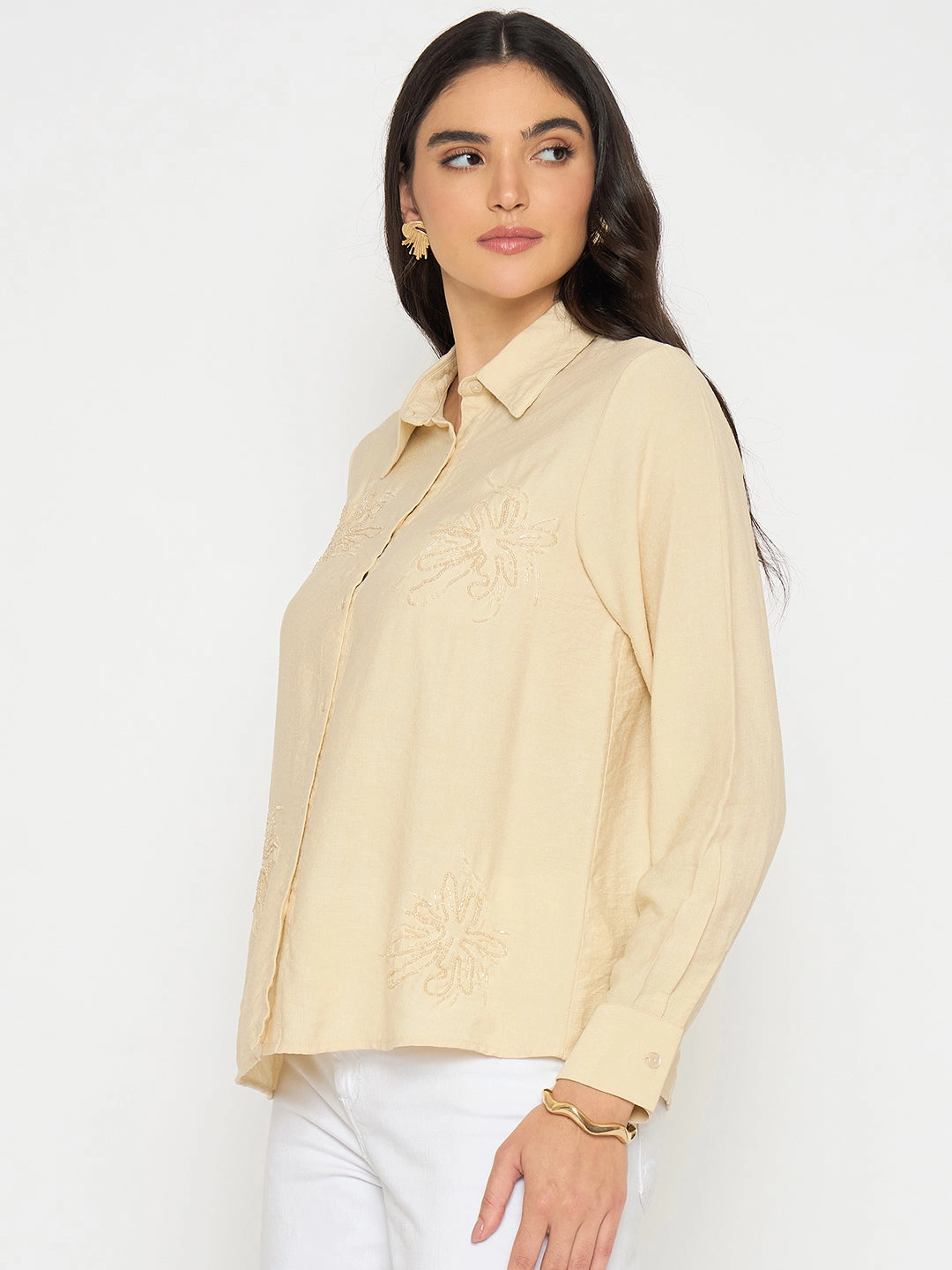 Casual Elegance Madame Embellished Beige Rayon Blend Shirt