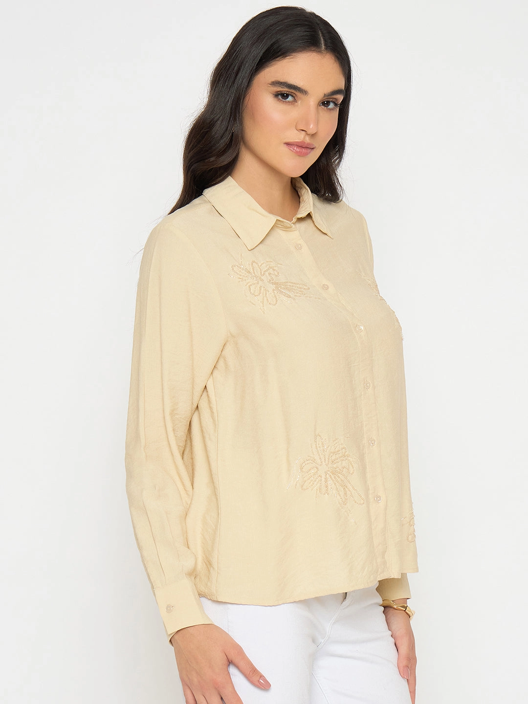 Madame Embellished Beige Rayon Blend Shirt Breathable fabric